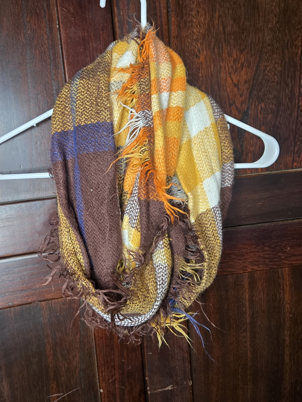 Fall Plaid Infinity Scarf – Mustard Yellow Brown Orange Blue Blanket Scarf